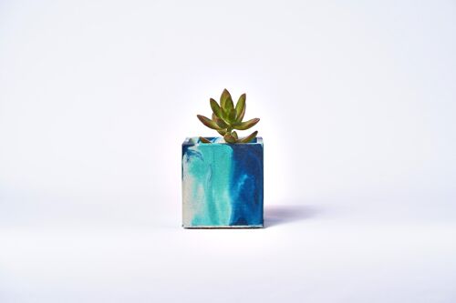 Pot en béton pour plante d'intérieur - Béton marbré Bleu pétrole et Turquoise