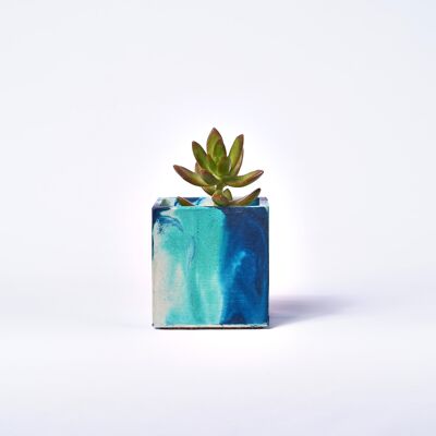 Concrete Pot for Indoor Plant - Marbled Concrete Petrol Blue and Turquoise