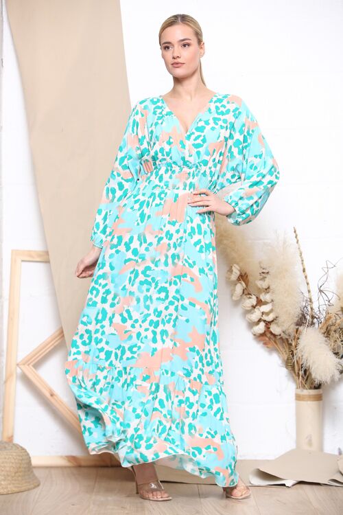 Green leopard print long sleeve maxi dress