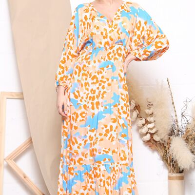 Robe longue orange à manches longues et imprimé léopard