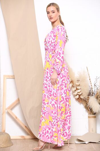 Robe longue rose à manches longues et imprimé léopard 2