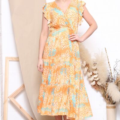 Orange leopard print ruffle short sleeve dress