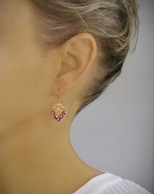 Gold heart filigree earrings with Ruby crystals