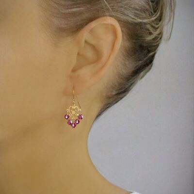 Gold heart filigree earrings with ruby crystals