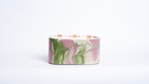 BOUGIE XXL - 3 mèches en bois - Béton Tie&Dye Rose et Vert