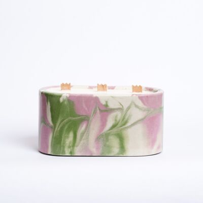 BOUGIE XXL - 3 mèches en bois - Béton Tie&Dye Rose et Vert