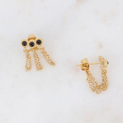 Goldene Miza-Ohrringe mit 3 schwarzen Kristallen und Ketten