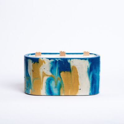 BOUGIE XXL - 3 mèches en bois - Béton Tie&Dye Bleu pétrole et Jaune