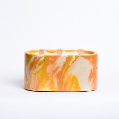 BOUGIE XXL - 3 mèches en bois - Béton Tie&Dye Orange et Jaune