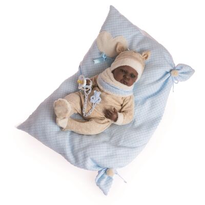 REBORN BLACK PAJAMA BEIGE BLUE BIB AND BLUE PILLOW: 8211-22