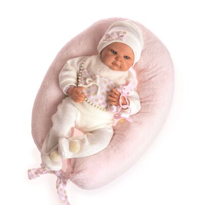 REBORN BEIGE SUIT WITH CIRCLES BIB, KISS MECHANISM AND NURSING PILLOW special make-up REF: 18209-22