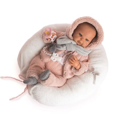 REBORN SHEEPSKIN JACKET WITH PALE PINK HOOD AND GRAY SCARF WITH NURSING PILLOW special makeup REF : 18212-22