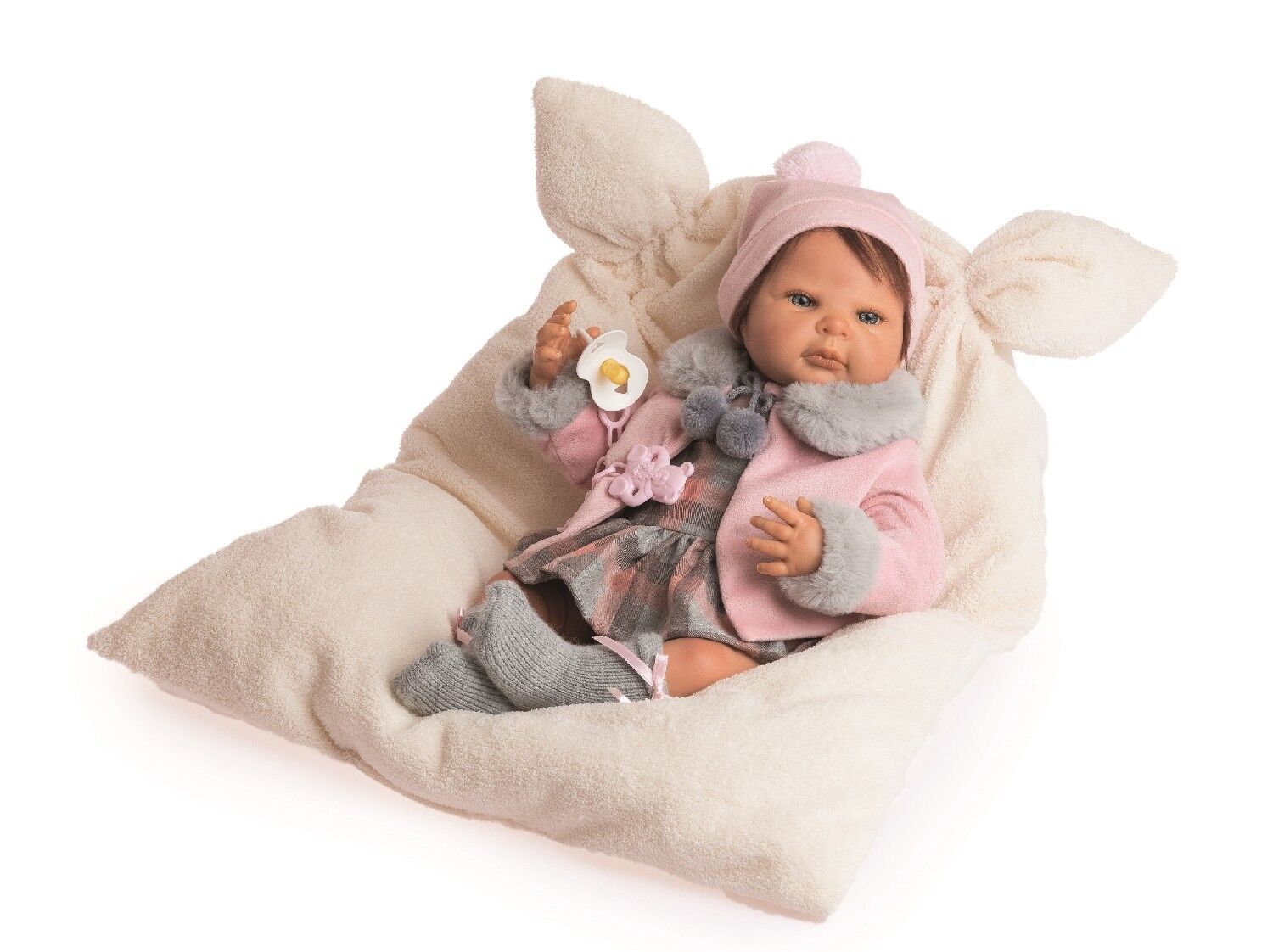 REBORN VESTIDO CUADROS CON CHAQUETA ROSA Y CUELLO PELO GRIS Y ALMOHADA BEIGE maquillaje especial REF: 18213-22