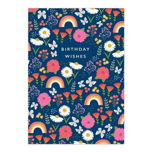 Birthday Card | Birthday Wishes | Rainbow and Flowers Patterned Card