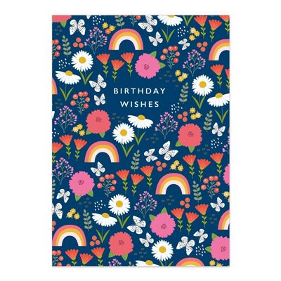 Carte d'anniversaire | Souhaits d'anniversaire | Carte à motifs arc-en-ciel et fleurs
