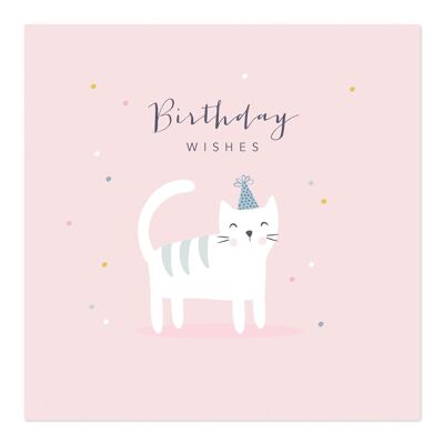 Biglietto di compleanno | Auguri di compleanno | Carta rosa del gatto del cappello del partito