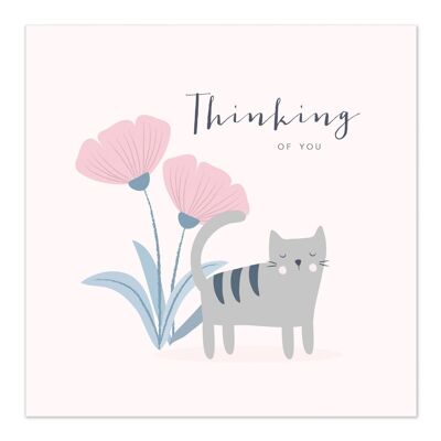Tarjeta de felicitaciones | pensando en usted tarjeta | gato con flores