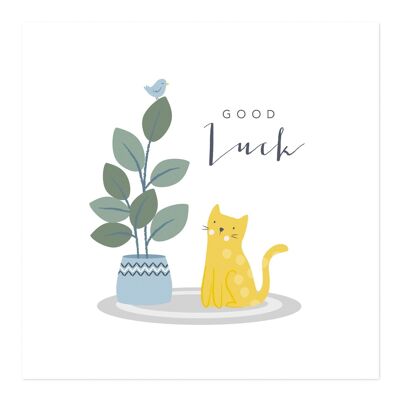 Tarjeta de felicitaciones | Tarjeta de buena suerte | gato y pájaro