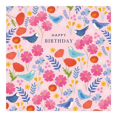 Tarjeta de cumpleaños | feliz cumpleaños | Bonita tarjeta rosa con patrón de flores y pájaros