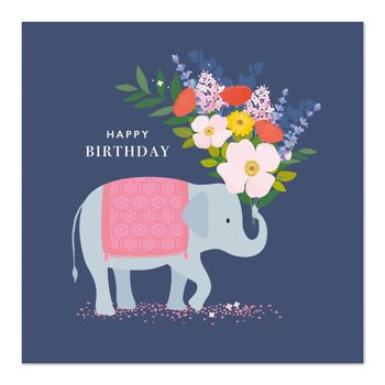 Carte d'anniversaire | Joyeux anniversaire | Éléphant avec des fleurs 1