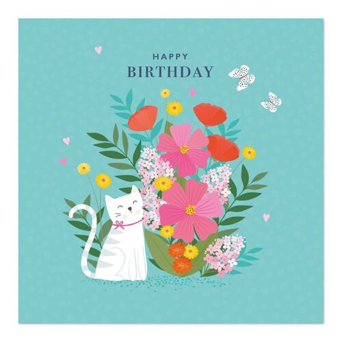 Birthday Card | Happy Birthday | Cat with Flowers Card