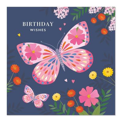 Geburtstagskarte | Geburtstagswünsche | Rosa Schmetterling und Blumen