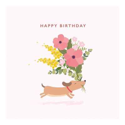 Geburtstagskarte | Alles Gute zum Geburtstagskarte | Glücklicher Hund, der mit Blumenkarte läuft