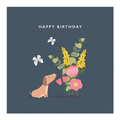 Tarjeta de cumpleaños | feliz cumpleaños | Tarjeta Perro Salchicha y Mariposas
