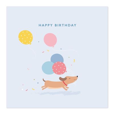 Biglietto di compleanno | Buon compleanno | Salsiccia cane che corre con palloncini Biglietto di compleanno