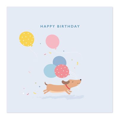 Geburtstagskarte | Alles Gute zum Geburtstag | Wurst Hund läuft mit Luftballons Geburtstagskarte