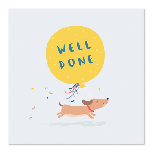 Greetings Card | Well Done Card | Congratulations Card | Little Dog Running with Large Yellow Balloon