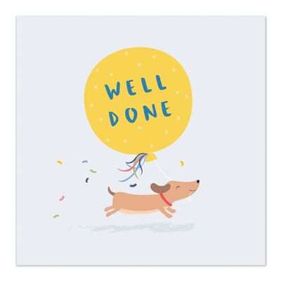 Greetings Card | Well Done Card | Congratulations Card | Little Dog Running with Large Yellow Balloon
