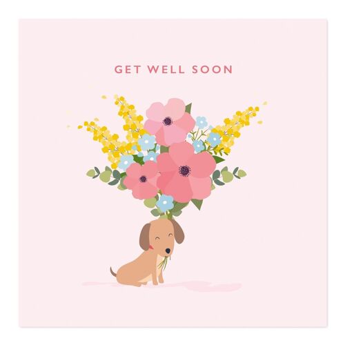 Greetings Card | Get Well Soon Card | Little Dog with Flowers Card