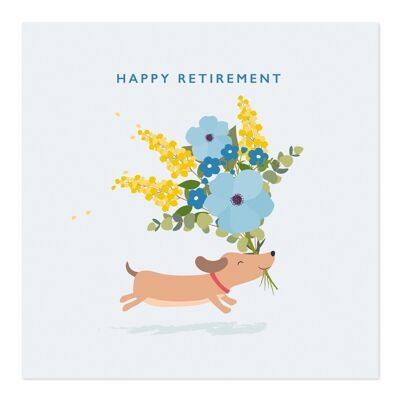 Grußkarte | Ruhestandskarte | Glücklicher Ruhestand | Hund mit Blumenkarte