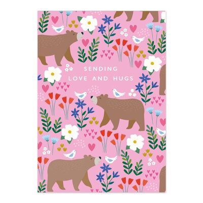 Greetings Card | Sentiment Card | Sending Love and Hugs | Cute Bear and Bird Pink Card