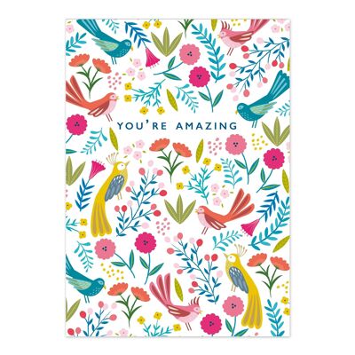 Greetings Card | Sentiment Card | You're Amazing | Positive Words | Colourful Birds Card