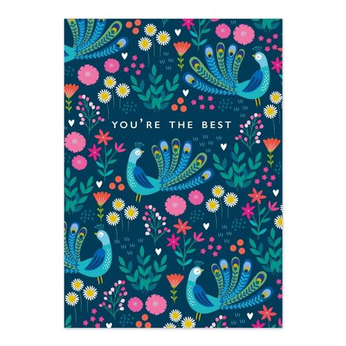 Greetings Card | Sentiment Card | Positive Words | You're The Best | Colourful Peacock and Floral Patterned Card