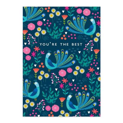 Grußkarte | Stimmungskarte | Positive Worte | Du bist der Beste | Bunter Pfau und gemusterte Blumenkarte