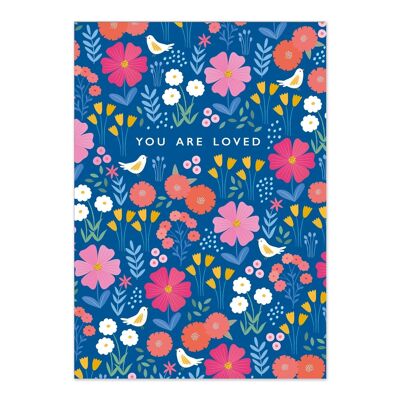 Grußkarte | Stimmungskarte | Du wirst geliebt | Blauer Vogel und gemusterte Blumenkarte
