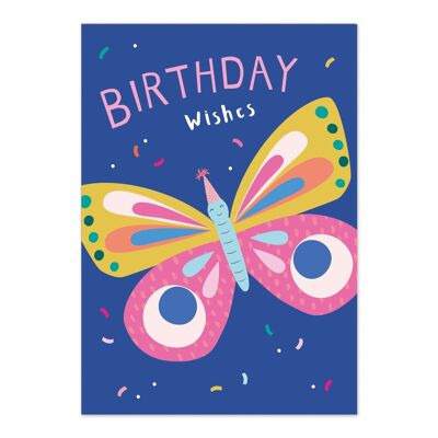 Biglietto di compleanno | Buon compleanno | Carta bambini | Biglietto di auguri di compleanno con farfalla con cappello da festa