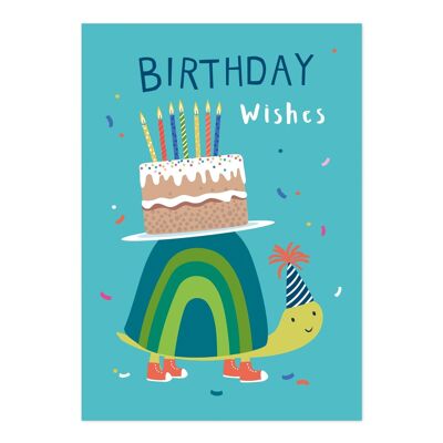 Geburtstagstorte | Alles Gute zum Geburtstag | Kinderkarte | Schildkröte mit Kuchen-Jungen-Geburtstags-Wunsch-Karte