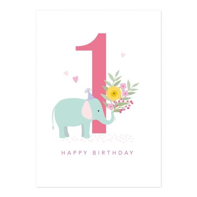 Birthday Card | Age 1 Girl Card | Elephant Baby Girl Birthday Card