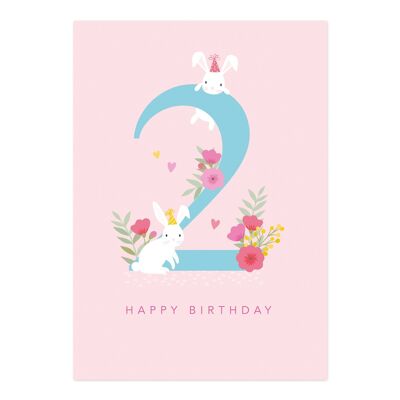 Birthday Card | Age 2 Girl Birthday Card | Children's Card | Rabbits