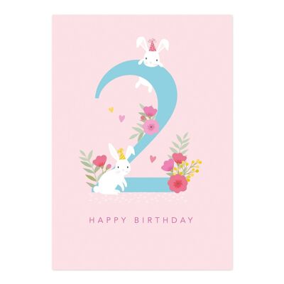 Biglietto di compleanno | Biglietto di compleanno per ragazza di 2 anni | Carta bambini | Conigli