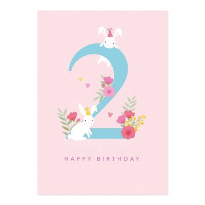 Birthday Card | Age 2 Girl Birthday Card | Children's Card | Rabbits