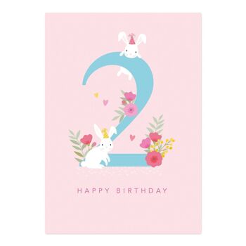 Carte d'anniversaire | Carte d'anniversaire pour fille de 2 ans | Carte pour enfants | Lapins 1