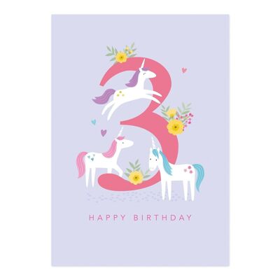 Tarjeta de cumpleaños | tarjeta de cumpleaños de la muchacha de la edad 3 | Tarjeta Infantil | Unicornios