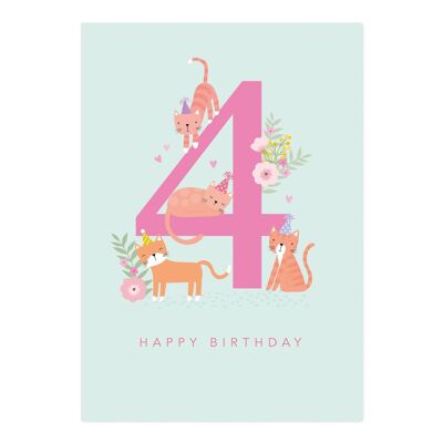 Birthday Card | Age 4 Girl Birthday Card | Children's Card | Cute Cats