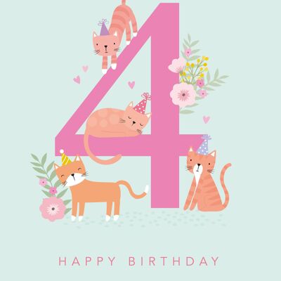 Birthday Card | Age 4 Girl Birthday Card | Children's Card | Cute Cats