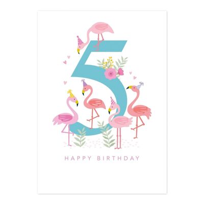 Tarjeta de cumpleaños | tarjeta de cumpleaños de la muchacha de la edad 5 | flamencos rosados